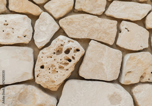 Natural Stone Wall Texture: A Close-Up View of a Rustic Facade Made with Irregularly Shaped Light-Colored Rocks
