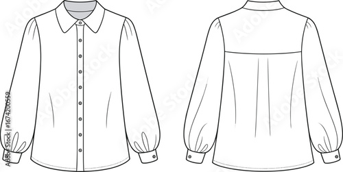 Women's blouse fashion flat sketch, front and back view, long sleeve shirt, button-up top, puff sleeve blouse, vector illustration