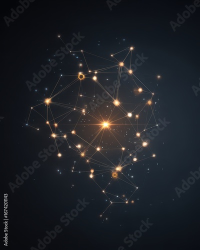 Golden glowing network nodes connected for technology display or use as a background