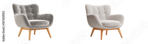 Two modern armchairs, light gray and off-white