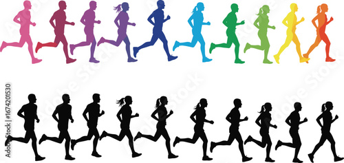 Colorful gradient and black silhouette runners in motion sequence, sports fitness training concept, athletic competition, marathon race, jogging exercise vector illustration