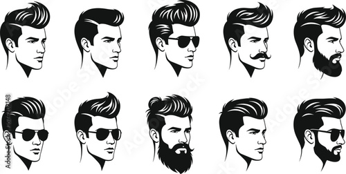Men’s pompadour hairstyle and facial hair profile vector set, modern male grooming styles, beard, mustache, sunglasses, barber shop illustration