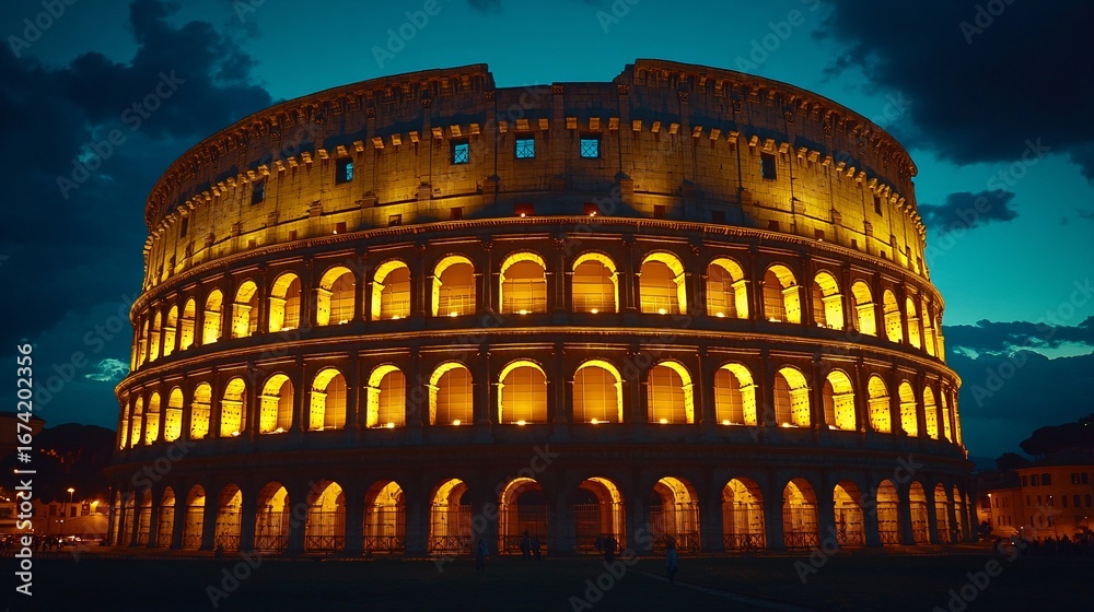 Naklejka premium colosseum italy at night illuminated landmark architecture historic monument ancient roman style glowing lights dusk twilight photography
