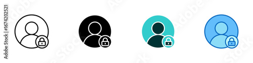 Account Lock Multiple Style Icon Sheet Design Vector - user avatar with a small padlock, representing account security, user privacy, and login protection