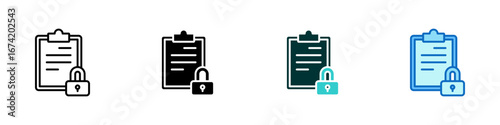Document Lock Multiple Style Icon Sheet Design Vector - clipboard with a padlock, representing document security, restricted files, and confidential information