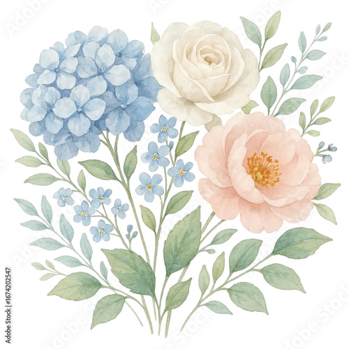 Watercolor Hydrangea myosotis rose peony blue white flowers illustration