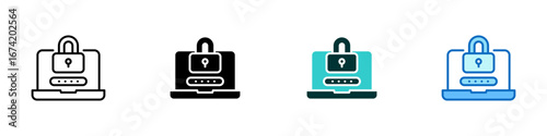 Laptop Lock Multiple Style Icon Sheet Design Vector - laptop with a password field and padlock, representing device security, login protection, and data privacy