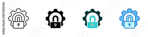 Gear Lock Multiple Style Icon Sheet Design Vector - padlock inside a gear, representing system configuration security, settings protection, and admin access control