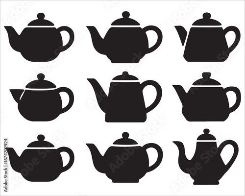 Teapot and tea cups vector set with porcelain teacups and kettle