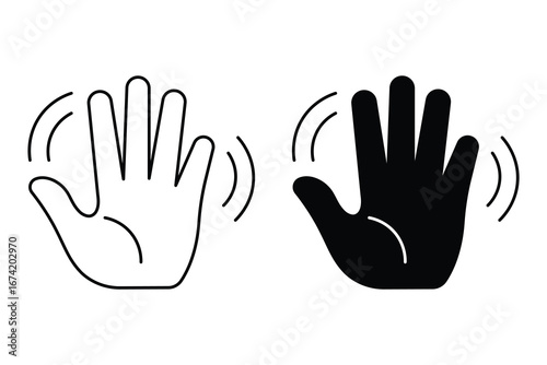 Waving hand gesture outline and solid icon. Waving hand icons set. Hello symbol collection. Vector illustration.