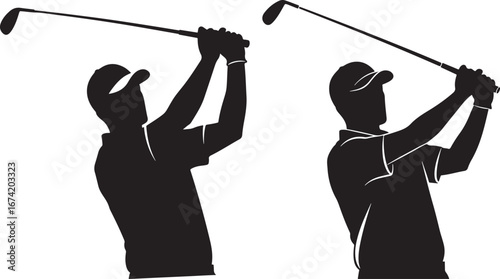Two golfers in mid swing silhouette