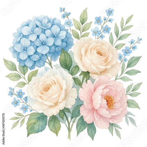 Watercolor Hydrangea myosotis rose peony blue white flowers illustration