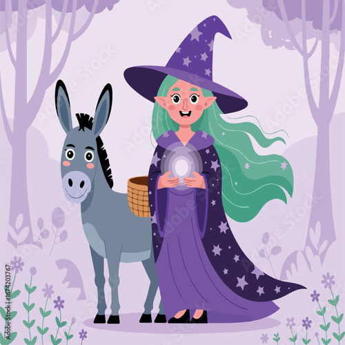 illustration, donkey, witch, horror, witchcraft, mystic, spooky, halloween, wizard, medieval, cartoon, vector, flat, isolated, pagan, historical, catholic church, witch-hunts, pitchfork, witches, 