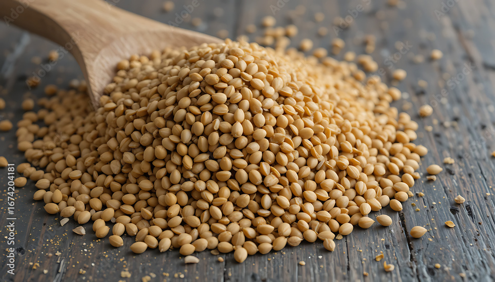 Obraz premium A wooden spoon scoops up a pile of tan lentils