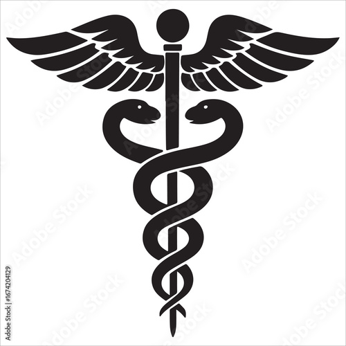 Caduceus medical symbol icon on white background with gold snakes and wings