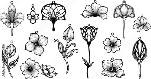 Artistic Black And White Line Drawings Of Flowers And Jewelry Charms floral bloom