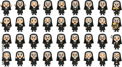 Cartoon nun character, black habit, emotional expressions, multiple poses, religious theme, vector illustration, animation set, cute style, spiritual concept, gesture pack