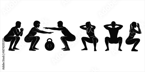 Black and white silhouettes of people performing squats with kettlebell on white background exercise