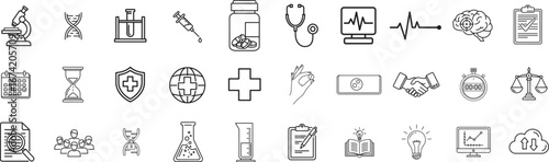 Clinical Study Icon Set. Editable Stroke Icons. Medical Research Symbol. Drug Development Icon Collection. Healthcare & Science Concept. Vector Illustration.