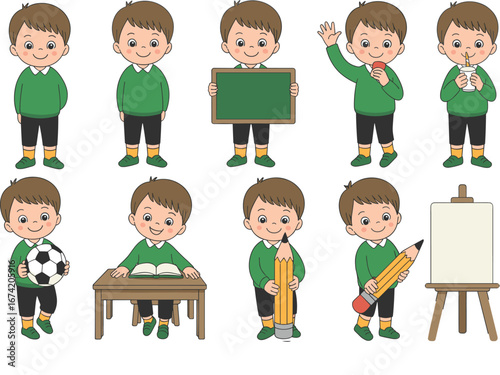 Cartoon school boy character, classroom activities, reading, writing, painting, holding objects, educational kids illustration, vector art, learning concept