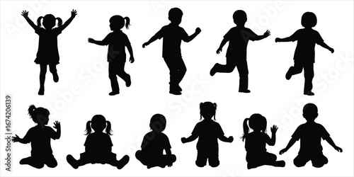 Collection of Black Silhouettes of Children in Various Poses and Activities kids boys