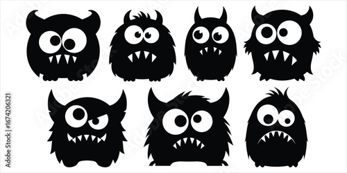 Collection Of Cute Black Cartoon Monsters With Big Eyes And Teeth silhouette