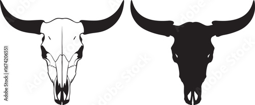 Two bull skulls one detailed and one silhouette