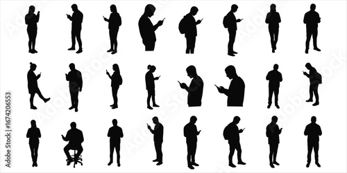 Collection of diverse human silhouettes interacting with smartphones on white background people woman
