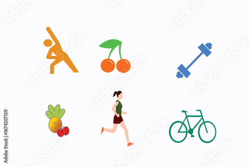 Healthy Lifestyle Icons – Fitness, Exercise, Fruits, Cycling, Running
