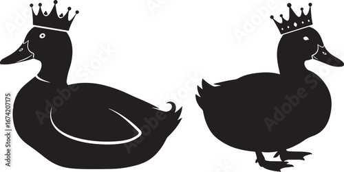 Two royal ducks wearing crowns silhouette