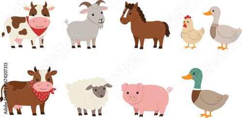 Cute farm animals cartoon vector set with cows, goats, horses, chickens, ducks, pigs, and sheep in adorable style