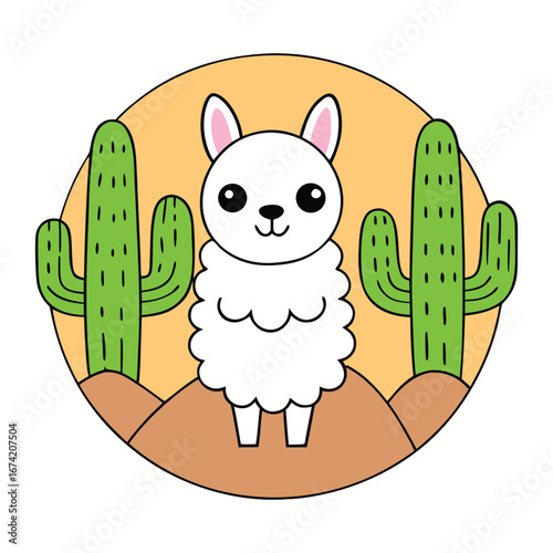 Cute cartoon llama with pink ears standing between green cacti and brown desert hills within a circular frame