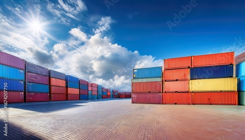Wallpaper Mural shipping containers stacked in a colorful urban yard under a bright blue sky with clouds highlighting logistics transportation and industrial background Torontodigital.ca
