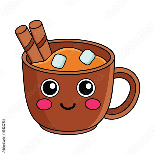Cute cartoon hot cocoa mug with marshmallows and cinnamon sticks drink beverage
