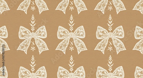 Repeating design of lace snowflakes and bows in white, kraft paper texture, soft shadows.