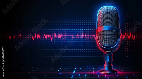 futuristic microphone with digital sound waves and neon lighting for audio technology and music production