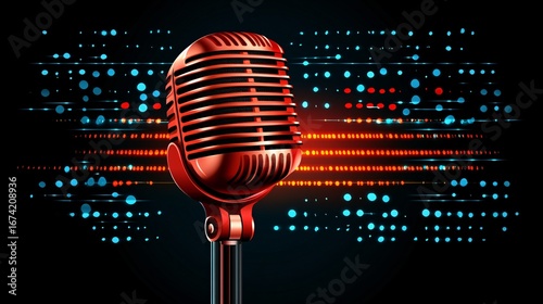 modern retro microphone with dynamic digital soundwaves and light effects for music and podcasting design