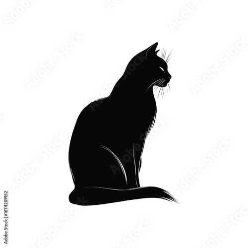Silhouette of a sitting black cat with a sleek tail and pointed ears looking towards the right side