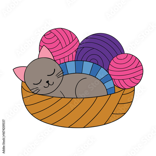 A cute grey cat sleeps peacefully in a woven basket surrounded by pink and purple yarn balls sleeping