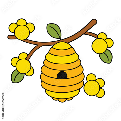 Yellow beehive with flowers and leaves on a brown branch apiary honey