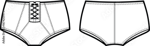 Women’s high waist lace-up front briefs underwear flat vector illustration with back view for lingerie design and fashion template