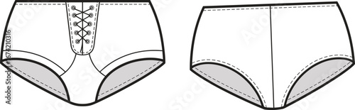 Women’s high waist lace-up front briefs underwear flat vector sketch template with back view for lingerie design illustration