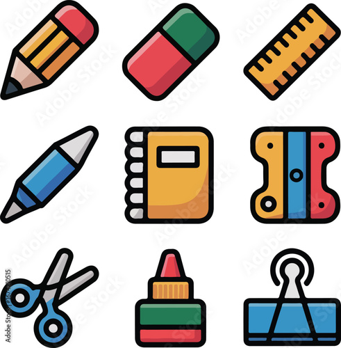 Collection of colorful stationery icons including pencil eraser ruler pen notebook scissors glue and binder clip