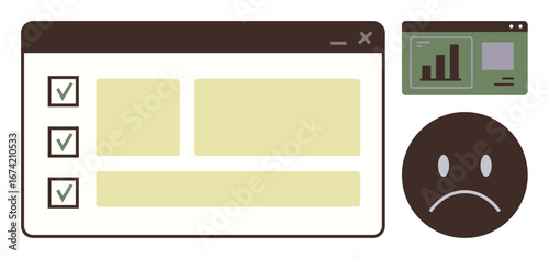 Browser window with checklist, bar graph dashboard in separate popup, and sad face emotion. Ideal for productivity, feedback, performance, evaluation, tracking analysis digital processes. Simple