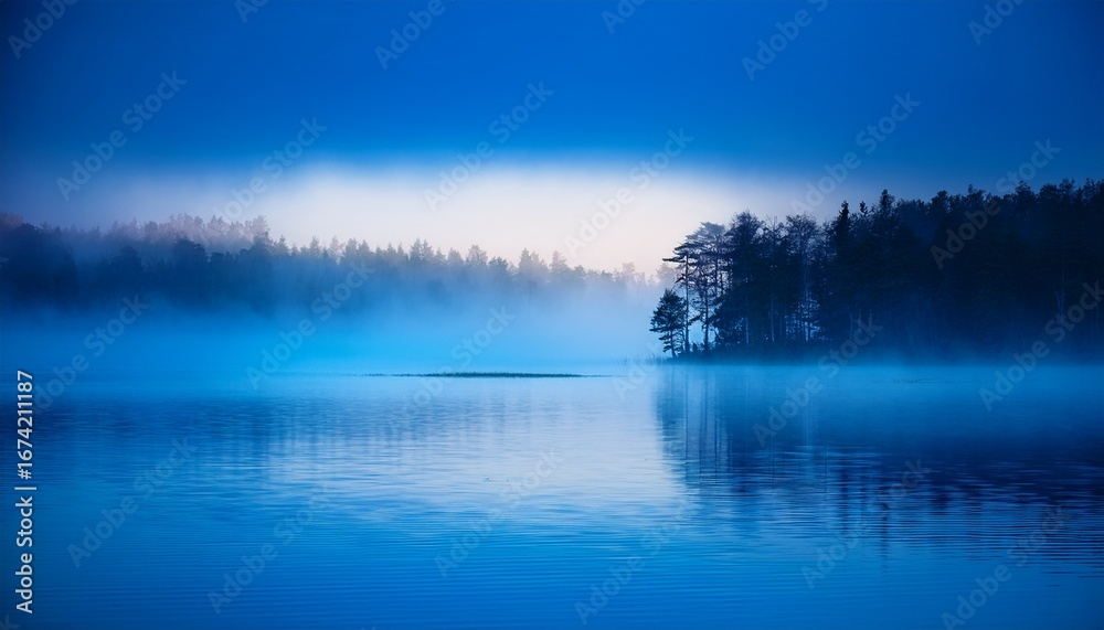 Fototapeta premium misty blue fog hovering over calm body of water with soft gradient of light breaking through the mist creating moody and serene atmosphere