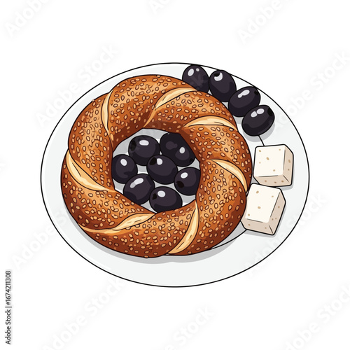 Turkish bagel with olives and cheese on a white plate simit sesame seeds