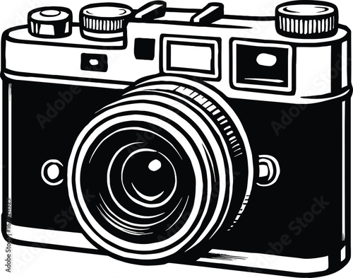 Black and white vintage camera vector illustration. A simple graphic of a classic film camera, ideal for photography logos, retro designs, and creative projects.