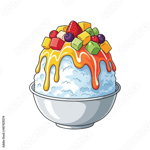 Shaved ice dessert with colorful fruit toppings and syrup drizzle strawberry blueberry