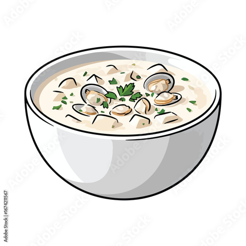 Creamy clam chowder soup with parsley garnish in a white bowl illustration seafood shellfish