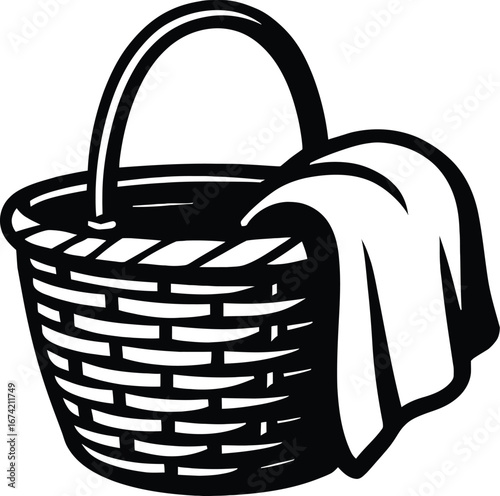 Black and White Vector Icon of a Picnic Basket with a Blanket, a Classic Graphic for Family Outings, Summer Fun, and Outdoor Leisure.